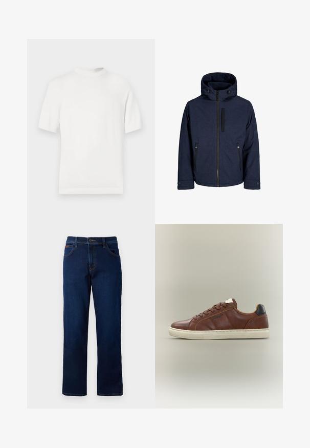 Veste bleu foncé avec un col haut et une capuche attachée. Dotée d'une fermeture éclair sur le devant et de poches, avec des coutures renforcées et des poignets à boutons-pression.; T-shirt en tricot blanc à manches courtes avec un col rond, présentant une texture lisse et des accents côtelés au niveau du col et de l'ourlet.; Jean en denim bleu foncé avec des jambes droites, poches avant et taille à boutons. Présente des coutures contrastées et un petit accent de marque sur la taille.; Baskets basses en cuir marron avec semelle blanche, lacets marron, languette de talon noire et logo Wrangler sur le côté.