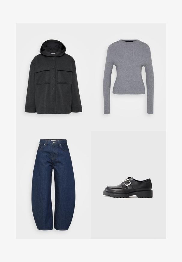 Mørkegrå hættejakke lavet af et tekstureret stof. Har to brystlommer og en frontlukning med knapper i sort.; Grå ribbet langærmet sweater med rund hals og tætsiddende silhuet, præsenteret på en ensfarvet hvid baggrund.; Mørkeblå denimjeans med en bred, afslappet pasform. Har lynlås, fire lommer og kontrastsyet syning langs sømmene.; Sorte lædersko med en rund tå, der har en sidebuckle-detalje og en tyk, robust sål. Glat tekstur med minimal syning.