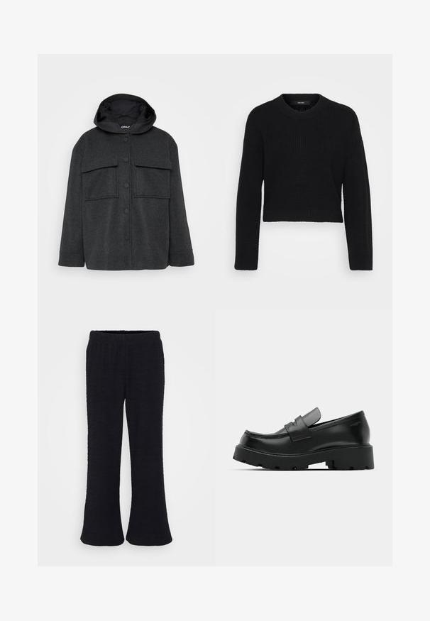 Mørkegrå hættejakke lavet af et tekstureret stof. Har to brystlommer og en frontlukning med knapper i sort.; Sort cropped sweater lavet af strikket stof. Har en rund halsudskæring, lange ærmer og en tekstureret overflade med en tætsiddende pasform ved kanten.; Sorte, flagrende bukser med et tekstureret stof og elastisk talje. Designet er i fuld længde med en blød finish.; Sorte læder loafers med en chunky tekstureret sål, der har en rem over vamps og en glat, poleret finish.