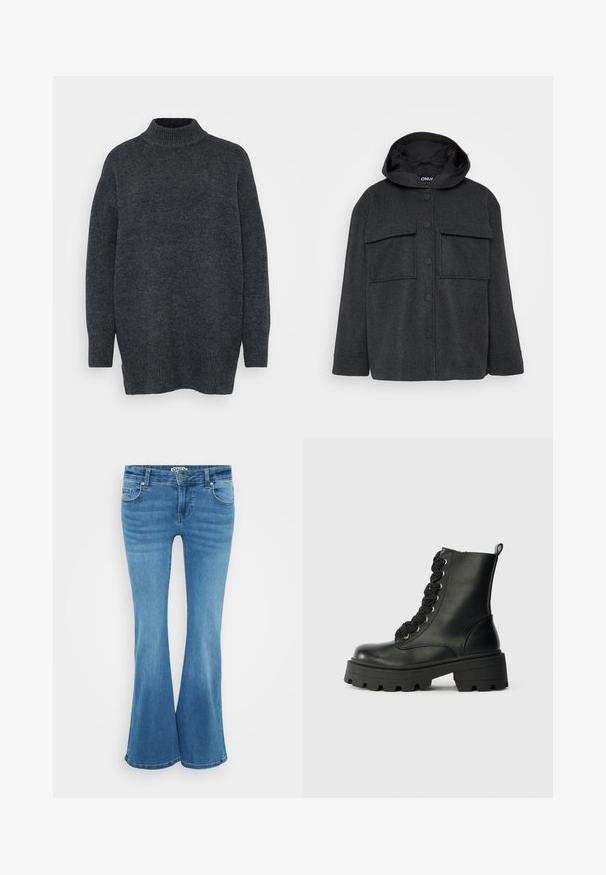 Veste à capuche gris foncé en tissu texturé. Elle dispose de deux poches sur la poitrine et d'une fermeture à boutons sur le devant avec des boutons noirs.; Pull en maille oversize à col roulé de couleur gris foncé. Présente des poignets et un ourlet côtelés, une texture douce, et des fentes latérales à l'ourlet pour un ajustement décontracté.; Jean évasé bleu en denim. Taille mi-haute, design à cinq poches et couture sur le devant et les bords. Texture lisse.; Bottine en cuir noir avec semelle épaisse, bout rond et talon surélevé. Présente des lacets noirs et des œillets en métal pour un maintien sécurisé.