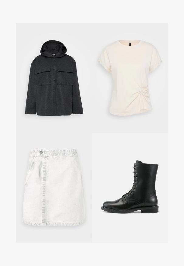 Chaqueta con capucha de color gris oscuro, hecha de una tela texturizada. Presenta dos bolsillos en el pecho y un cierre frontal de botones con botones negros.; Camiseta de color beige claro en suave algodón, con cuello redondo, mangas cortas enrolladas y un detalle retorcido en la cintura.; Falda de mezclilla en gris claro. Diseño en línea A con bolsillos frontales, una costura visible en el centro y un solo botón metálico en la cinturilla.; Bota alta negra de cuero con cordones, puntera redondeada y tacón bajo, vista de lado sobre un fondo claro y liso.