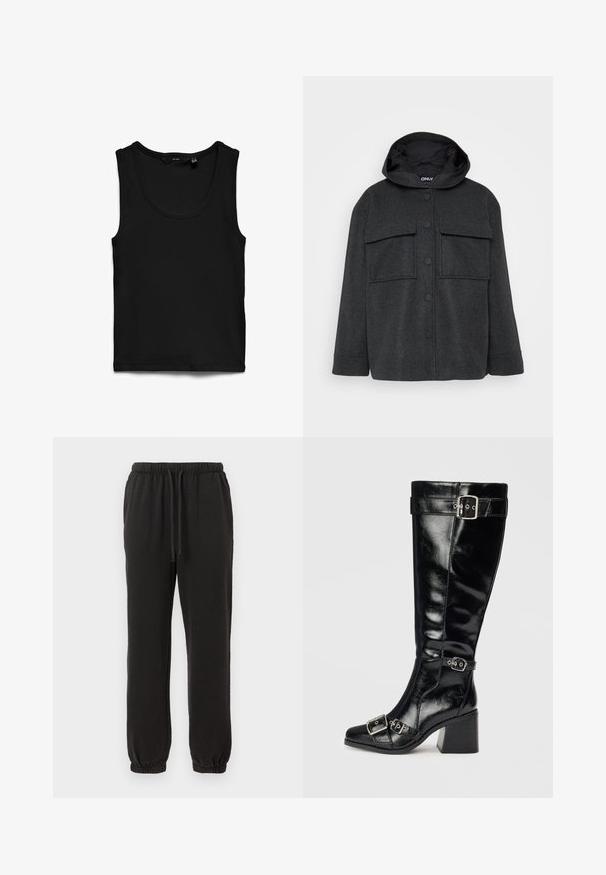 Veste à capuche gris foncé en tissu texturé. Elle dispose de deux poches sur la poitrine et d'une fermeture à boutons sur le devant avec des boutons noirs.; Débardeur noir côtelé sans manches avec encolure arrondie, posé à plat sur fond blanc.; Pantalons de jogging noirs avec une taille élastique et un cordon de serrage. Poignets au niveau de la cheville. Fabriqués en tissu jersey doux avec une texture lisse.; Botte en cuir noir, arrivant au genou, avec une finition brillante. Elle dispose de boucles et de sangles en argent, d'un bout pointu et d'un talon épais et texturé.
