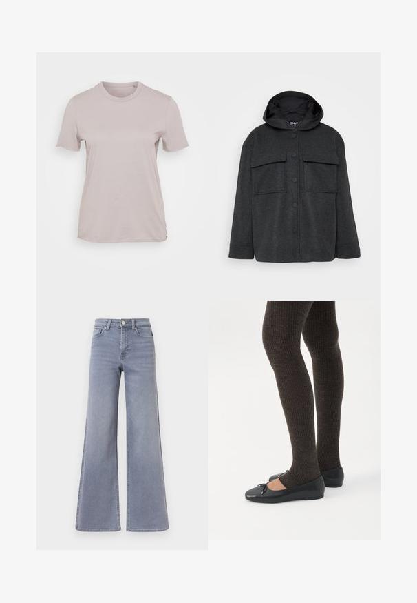 Chaqueta con capucha de color gris oscuro, hecha de una tela texturizada. Presenta dos bolsillos en el pecho y un cierre frontal de botones con botones negros.; Camiseta de manga corta color beige claro, hecha de algodón, con un escote redondo y un corte relajado, de textura suave y sin patrones visibles.; Vaqueros de mezclilla azul claro, de pierna ancha y cintura alta, con cierre frontal de botones y cremallera, bolsillos delanteros y traseros, mostrados sobre un fondo blanco.; Piernas con leggings oscuros acanalados combinados con bailarinas negras que presentan pequeños detalles de lazo sobre un fondo blanco.