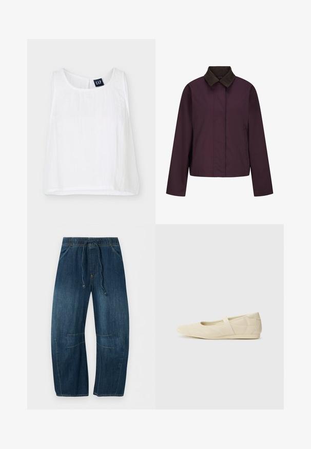 Veste longue manches violette foncée avec un col en velours côtelé marron et une fermeture avant dissimulée, présentée sur un fond blanc.; Top court blanc sans manches avec col rond et étiquette de marque GAP à l'intérieur du col au dos.; Pantalon en jean bleu à jambes larges avec taille élastique et cordon, poches avant et détails cousus aux genoux.; Ballerines beiges avec une exterior en cuir lisse, un bout en forme d'amande et une sangle élastique sur le coup de pied, avec des détails de couture subtils.