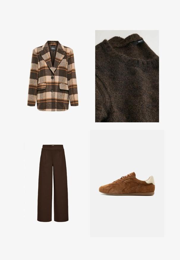 Braun-beige kariertes Blazer aus strukturiertem Stoff, mit Reverskragen, zwei Vorderaschen und zwei schwarzen Knöpfen.; Brauner, strukturierten Strickpullover mit hohem Kragen und einem Etikett, auf dem "NEXT" steht, am Kragen. Weiches, flauschiges Material mit einer dichten Webart.; Braune weit geschnittene Hose aus glattem Stoff mit hohem Bund und zwei Vorderfalten, entworfen für einen lockeren Sitz.; Brauner Wildleder-Low-Top-Sneaker mit Schnürung vorne, weißem Fersenpatch und flacher Gummisohle, von der Seite auf weißem Hintergrund gezeigt.