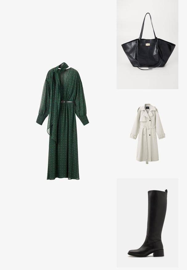 Gabardina beige claro con solapas anchas, botones cruzados, cintura con cinturón, hombreras y pulseras en los puños.; Largo vestido verde con un estampado floral, que presenta un lazo en el cuello, mangas voluminosas y un cinturón que acentúa la cintura. Hecho de tela ligera.; Bota negra hasta la rodilla hecha de cuero suave con tacón bloque, punta redondeada y un diseño elegante y sin adornos.; Bolso tote negro con un patrón de cocodrilo, textura suave, doble asa para el hombro y un detalle central en tono dorado.