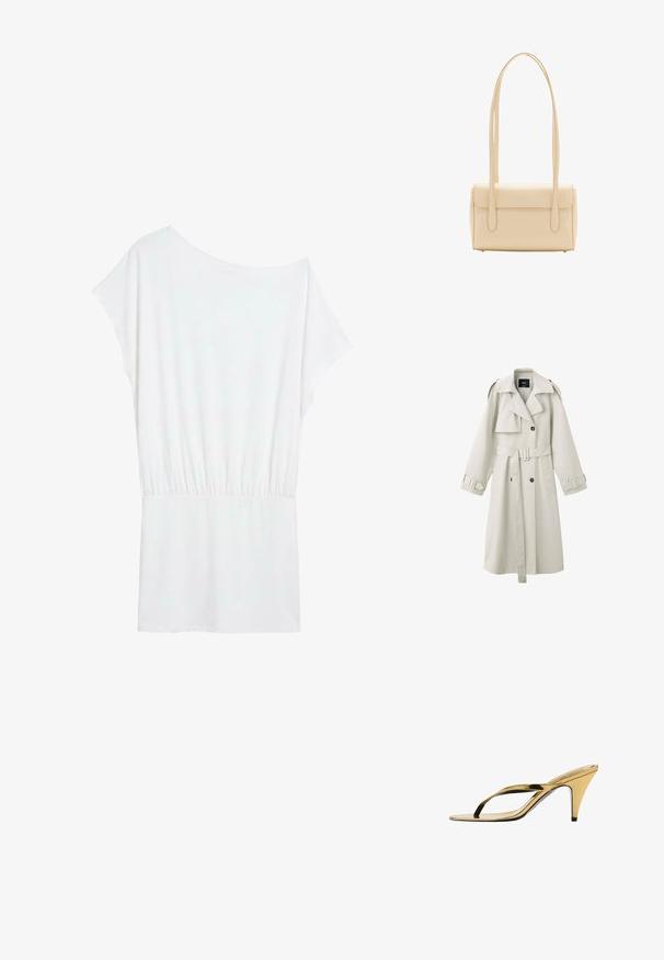 Trench-coat beige clair avec larges revers, boutons croisés, taille ceinturée, épaulettes aux épaules et brides aux poignets.; Robe blanche à manches courtes avec une taille élastique et un col légèrement asymétrique sur fond uni.; Sandale à talon haut métallisée dorée avec un talon effilé fin de 7 cm et des lanières minimalistes sur fond blanc.; Sac à épaule rectangulaire beige avec longues bretelles doubles et fermeture à rabat, présenté sur fond blanc.