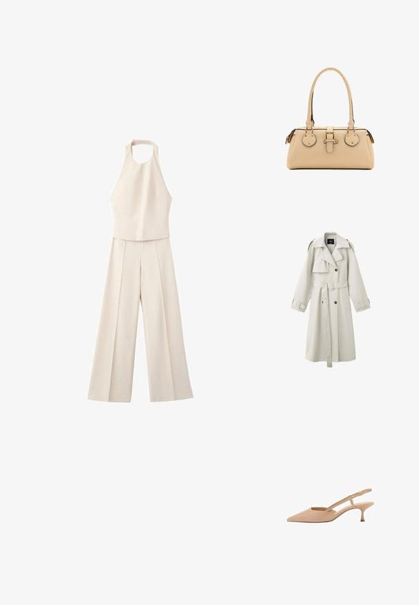 Gabardina beige claro con solapas anchas, botones cruzados, cintura con cinturón, hombreras y pulseras en los puños.; Mono beige sin mangas con cuello halter y pantalones de pierna ancha, hecho de tela lisa, presentado sobre fondo blanco.; Zapatos de tacón bajo tipo slingback en color nude con punta afilada, hechos de un material brillante, que cuentan con una correa delgada con hebilla ajustable.; Bolso de mano de cuero beige con asas dobles, tirante delantero con hebilla y parches decorativos redondeados en cada lado.