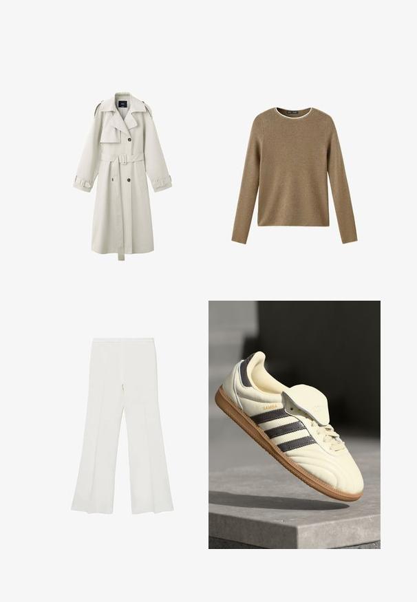Lysebeige trenchcoat med brede revers, dobbeltradede knapper, bælte i taljen, skulderklapper og manchetstraps.; Brun langærmet rundhalset sweater med blød strikket struktur og hvid kant rundt om kraven på hvid baggrund.; Hvide flagrende bukser med en glat tekstur og rene linjer, udstyret med en mellemhøj talje og uden synligt hardware eller mønstre.; Cremefarvede lædersneakers med tre mørke striber, en brun gummisål og en afrundet tå. Har en foldbar tunge mærket "SAMBA."