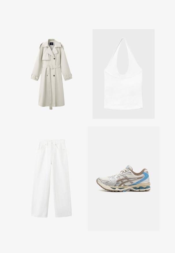 Trench-coat beige clair avec larges revers, boutons croisés, taille ceinturée, épaulettes aux épaules et brides aux poignets.; Haut blanc sans manches à encolure américaine, avec un profond col rond et une taille cintrée, présenté sur un fond clair et uni.; Jean en denim blanc taille haute à jambe large avec bouton frontal, fermeture éclair, passants pour ceinture et conception à cinq poches sur un fond uni.; Chaussure de course blanche et beige avec des accents bleus, dessus en mesh, semelle rembourrée et design à lacets, vue du côté extérieur.