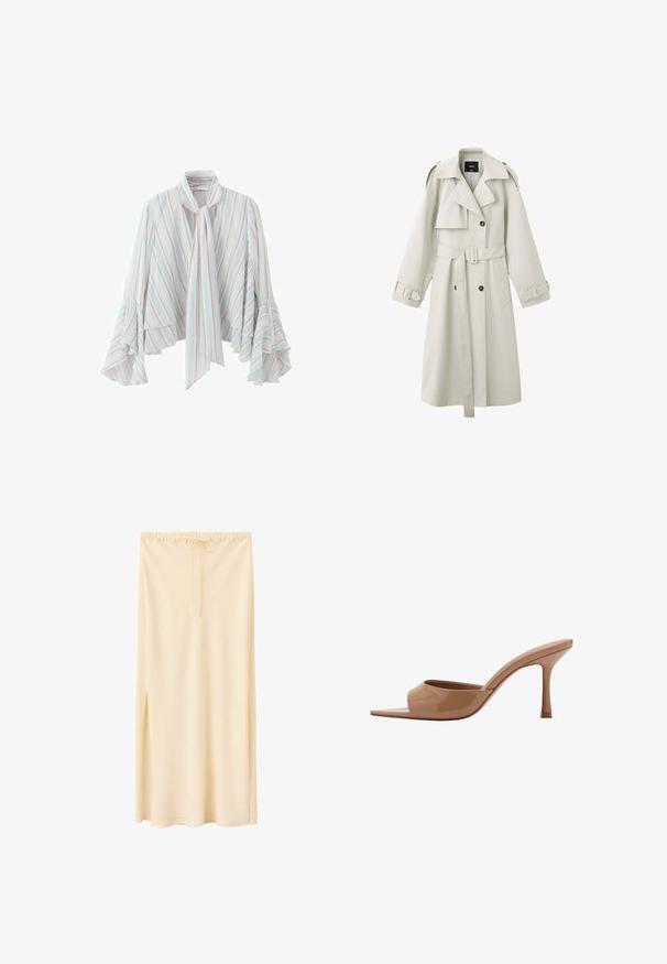 Trench-coat beige clair avec larges revers, boutons croisés, taille ceinturée, épaulettes aux épaules et brides aux poignets.; Blouse bleu clair avec des rayures pastel verticales, manches longues évasées à volants, col montant et un long lien noué à l'avant.; Jupe longue couleur crème avec taille élastique et cordon, avec une fente latérale à gauche.; Mule beige à bout ouvert à talon haut, finition brillante et talon aiguille fin sur fond blanc.