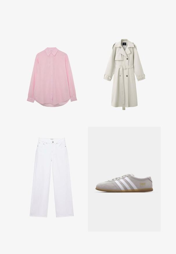 Trench-coat beige clair avec larges revers, boutons croisés, taille ceinturée, épaulettes aux épaules et brides aux poignets.; Chemise rose clair à manches longues, boutonnée, avec des rayures verticales blanches, col classique et ourlet arrondi.; Jean blanc taille haute à jambes larges avec fermeture à boutons et zip, poches avant et arrière, et détails en rivets argentés.; Baskets en daim gris avec des rayures en cuir blanc et un logo doré. Semelle en gomme plate, bout rond et design classique à lacets.