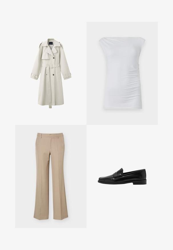 Gabardina beige claro con solapas anchas, botones cruzados, cintura con cinturón, hombreras y pulseras en los puños.; Top blanco de hombros al descubierto hecho de una tela suave; presenta un diseño ajustado con sutil fruncido lateral y textura lisa.; Pantalones de vestir beige para mujer con trabillas, pliegue frontal y corte recto de pierna ancha sobre un fondo blanco liso.; Mango Zapatos sin cordones - black