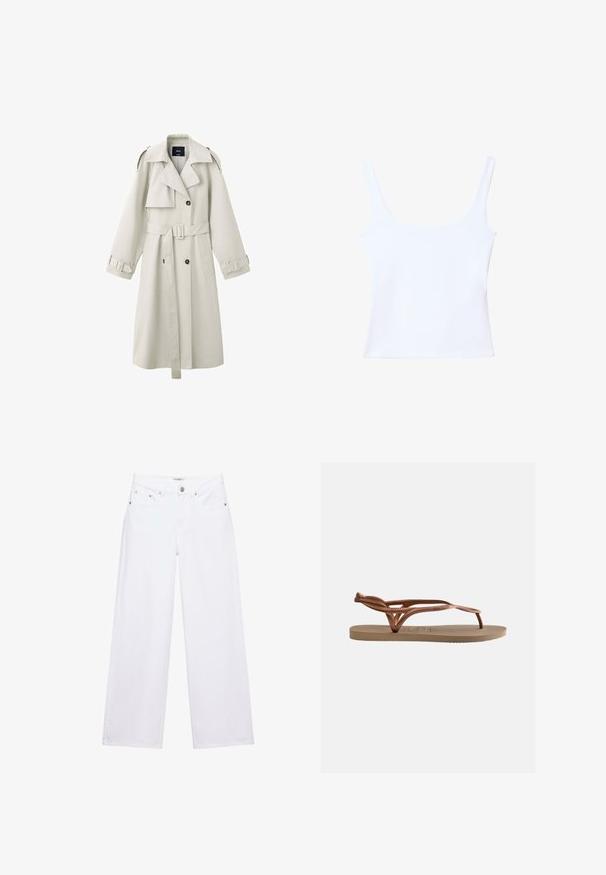 Lysebeige trenchcoat med brede revers, dobbeltradede knapper, bælte i taljen, skulderklapper og manchetstraps.; Hvid tanktop med firkantet halsudskæring, brede stropper og tætsiddende pasform. Lavet af glat, strækbart stof for komfort.; Hvide jeans med høj talje og vide ben med knap- og lynlåslukning, for- og baglommer samt sølvfarvede nitter som detaljer.; Flad sandal med beige sål og metallisk roseguld flettede remme, udstyret med en tåkappe og hælrem for sikker pasform.