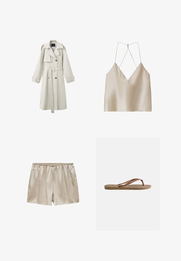 Gabardina beige claro con solapas anchas, botones cruzados, cintura con cinturón, hombreras y pulseras en los puños.; Camisola de satén beige con escote en V profunda y tirantes finos de espagueti cruzados en la espalda.; Pantalones cortos de satén beige con cintura elástica y cordón, textura suave, ajuste relajado y longitud corta.; Chancla de goma marrón con suela texturizada y tiras en forma de V con la marca, sobre un fondo claro y liso.