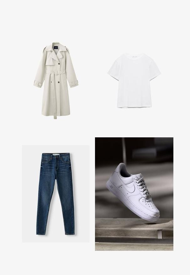 Lichtbeige trenchcoat met brede revers, dubbelrij knopen, tailleceintuur, schouderepauletten en manchettenbandjes.; Effen wit T-shirt met korte mouwen en ronde hals, met een rechte zoom, gepresenteerd tegen een witte achtergrond.; Donkerblauwe denim skinny jeans met een klassiek vijf-pocket ontwerp, versterkte stiksels en een knoopsluiting. Gladde textuur, geen patronen.; Witte Nike Air Force 1 sneaker die zweeft boven een betonnen oppervlak met schaduwen in een minimalistische setting.