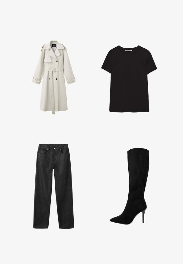 Lysebeige trenchcoat med brede revers, dobbeltradede knapper, bælte i taljen, skulderklapper og manchetstraps.; Sort kortærmet t-shirt i bomuld med rund halsudskæring, standard pasform og synlig indvendig halsmærkat.; Sorte denimbukser med lige ben, der har fem lommer, sølvhardware og en glat tekstur.; Sort ruskind knæhøj støvle med spids tå og stilettohæl. Glat tekstur, strømlinet design, ingen synlige metaldele eller accenter.