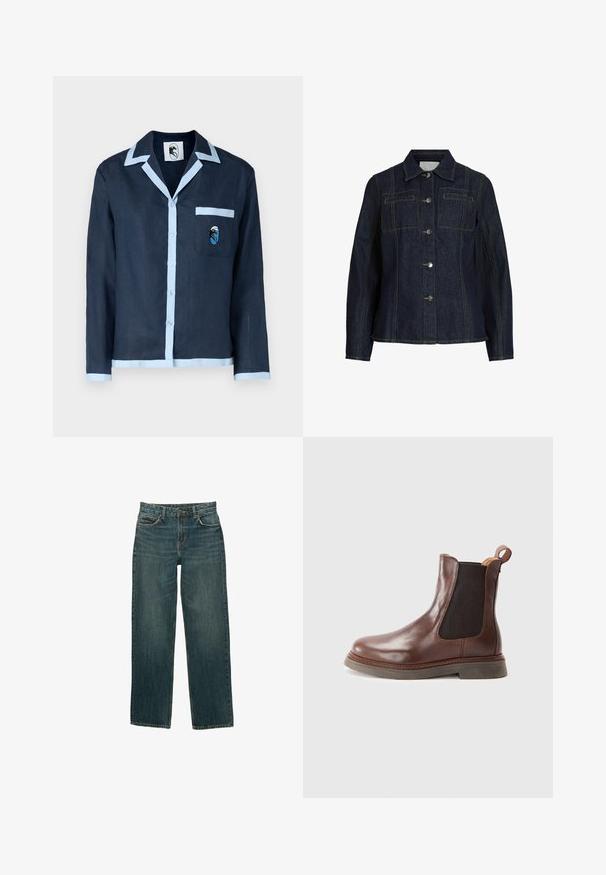 Donkerblauwe spijkerjas met lange mouwen, knoopsluiting aan de voorkant, twee borstzakken en contrasterende gele stiksels.; Marineblauwe linnen shirt met lichtblauwe kraag en zakafwerking. Beschikt over een borstzak met een geborduurd ontwerp. Knopen aan de voorkant.; Bordeaux denim jeans met een rechte pasvorm, vijf zakken en gouden stikdetails. De stof heeft een subtiele vervaagde textuur.; Bruine leren Chelsea-boot met elastische zijpanelen, ronde neus en geribbeld oppervlak. Voorzien van een trekband en een dikke, duurzame zool.