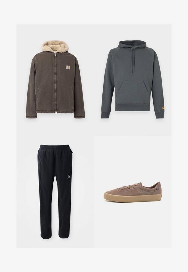 Brun lynlåstrøje med beige fleeceforet hætte og to forlommer, med et lille firkantet Carhartt-logo på brystet.; Mørkegrå hættetrøje med front-kanguru lomme og snore, ribstrikkede manchetter og kant, lille orange logo på venstre ærmemanchet.; Sorte atletiske bukser i et blødt, tekstureret materiale, med en elastisk talje, sidelommer og et trekantet logo-accent på låret.; Lysebrune ruskinds sneakers med gummisål, rund tå, snørebåndsdesign og subtile sideaccenter for ekstra tekstur.