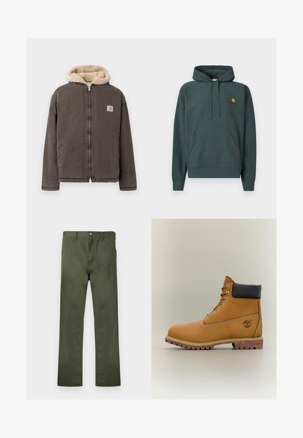Veste marron à fermeture éclair avec capuche doublée en polaire beige et deux poches avant, comportant un petit logo Carhartt carré sur la poitrine.; Sweat à capuche vert foncé en coton, avec une poche kangourou, des cordons de serrage, et un petit logo orange et bordeaux sur la poitrine.; Pantalon vert olive en tissu durable, avec une coupe droite, des poches avant et une fermeture à bouton. Texture lisse.; Bottine en cuir marron avec col noir, lacets jaunes et semelle beige. Présente un logo et des détails de couture blanche. Semelle extérieure à traction robuste.