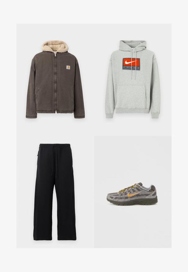 Chaqueta marrón con cremallera, capucha forrada de forro polar beige y dos bolsillos delanteros, con un pequeño logo cuadrado de Carhartt en el pecho.; Sudadera con capucha gris con bolsillo tipo canguro, que presenta un destacado logo de Nike bordado en rojo y negro en el frente, y cordones ajustables.; Pantalones de chándal negros hechos de una tela suave, con cintura elástica ajustable, diseño de pierna ancha y bolsillos laterales con una textura lisa.; Zapatilla de ante gris con acentos dorados, paneles texturizados y cordones a juego. Cuenta con una suela acolchada y un detalle de logotipo en el lateral.