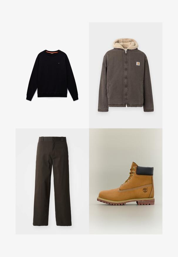 Chaqueta marrón con cremallera, capucha forrada de forro polar beige y dos bolsillos delanteros, con un pequeño logo cuadrado de Carhartt en el pecho.; Sudadera negra de manga larga con cuello redondo, puños y bajo acanalados, pequeño logotipo en el pecho izquierdo y ribete naranja en el interior del cuello.; Pantalones de algodón negros con un diseño de pierna recta, que cuentan con un cierre de botón y una cinturilla clásica. Textura suave, sin patrones ni acentos.; Bota de tobillo de cuero marrón con cuello negro, cordones amarillos y suela beige. Presenta un logotipo y detalles de costura blanca. Suela exterior con tracción robusta.