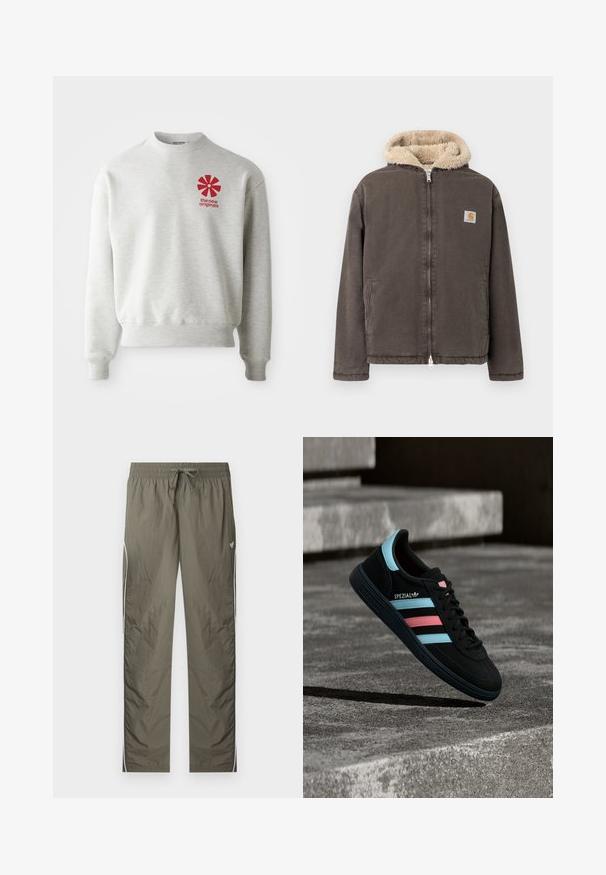 Ruskea vetoketjullinen takki, jossa on vaalea fleecevuorinen huppu ja kaksi etutaskua sekä pieni neliönmuotoinen Carhartt-logo rinnassa.; Vaaleanharmaa collegepaita, jossa on ribbaus hihansuissa ja helmassa. Vasemmassa rinnassa on punainen graafinen logo. Valmistettu pehmeästä kankaasta.; Oliivinvihreät kevyet verkkarit, joissa on joustava vyötärö, kiristysnauha, valkoiset sivuraidat ja pieni perhoslogo oikeassa reisiosassa.; Musta Adidas Spezial -lenkkari, jossa sinisiä ja pinkkejä raitoja, leijuu tekstuurisen harmaan betonipinnan yläpuolella, varjo alla.