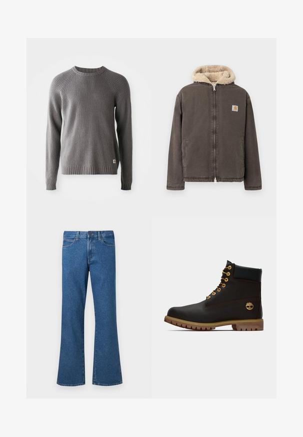 Veste marron à fermeture éclair avec capuche doublée en polaire beige et deux poches avant, comportant un petit logo Carhartt carré sur la poitrine.; Pull en tricot côtelé gris avec des manches longues et un col rond. Présente une surface texturée et une petite étiquette de logo à l'ourlet.; Jean en denim bleu évasé avec une taille mi-haute, cinq poches, coutures claires et une fermeture par bouton. Texture lisse et couleur uniforme.; Bottine noire en cuir avec œillets dorés, accents marron et semelle en caoutchouc. Comprend un col rembourré et un logo estampé sur le côté.