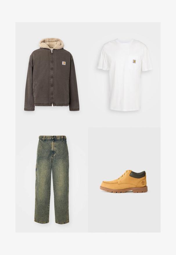 Hnedá bunda na zips s kapucňou lemovanou béžovým fleesom a dvoma prednými vreckami, s malým štvorcovým logom Carhartt na hrudi.; Biele bavlnené tričko s krátkymi rukávmi, vreckom na hrudi a malou štvorcovou nášivkou v oranžovej a bielej farbe na vrecku.; Voľné denimové nohavice v bledom modrom a zelenom umývaní. Obsahujú zapínanie na gombík, pútka na opasok a bočné vrecká. Rovný strih a priame nohavice.; Žlté kožené topánky s hnedou gumovou podrážkou, okrúly špička a zeleným koženým detailom okolo členku. Obsahujú zlaté očká a akcenty na šití.