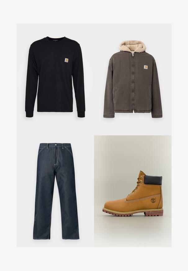 Braune Reißverschlussjacke mit beige gefütterter Kapuze aus Fleece und zwei Vordertaschen, mit kleinem quadratischem Carhartt-Logo auf der Brust.; Schwarzes Langarmshirt aus Baumwolle. Verfügt über eine Brusttasche mit einem quadratischen grauen Etikett und orangefarbigem Logo. Einfaches, einfarbiges Design.; Dunkle Denimhose mit geradem Bein, Kontrastnähten und vorderen Taschen. Verfügt über einen Knopfverschluss und eine klassische Passform.; Brauner Leder-Stiefelette mit schwarzem Kragen, gelben Schnürsenkeln und hellbrauner Sohle. Verfügt über ein Logo und weiße Ziernähe. Robuste Profilsohle.