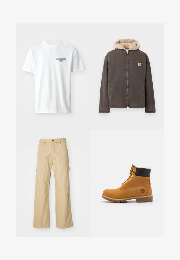 Veste marron à fermeture éclair avec capuche doublée en polaire beige et deux poches avant, comportant un petit logo Carhartt carré sur la poitrine.; T-shirt en coton blanc avec un col rond. Présente un petit logo en texte bleu "CARHARTT WIP" sur la poitrine gauche. Coupe classique, manches courtes.; Pantalons cargo larges beiges avec fermeture à bouton, dotés de poches latérales, fabriqués en coton robuste, avec une texture lisse et un design droit.; Bottine en cuir brun avec œillets en métal, doublure en fourrure blanche, col rembourré noir, semelle robuste et logo en relief sur le côté.