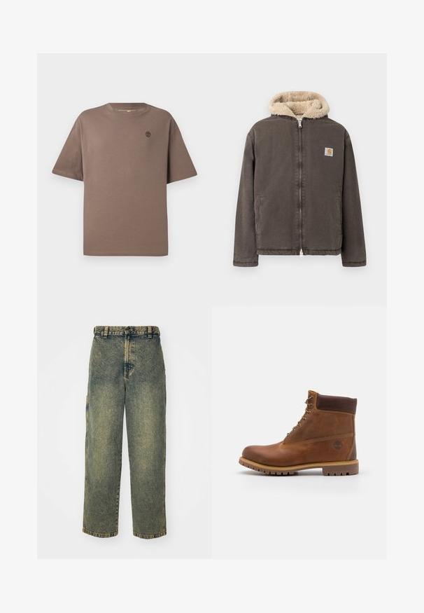 Braune Reißverschlussjacke mit beige gefütterter Kapuze aus Fleece und zwei Vordertaschen, mit kleinem quadratischem Carhartt-Logo auf der Brust.; Braunfarbener Baumwoll-T-Shirt mit Rundhalsausschnitt und kurzen Ärmeln, ausgestattet mit einem kleinen Logo auf der Brust, glatter Textur und lässiger Passform.; Baggy-Jeans aus Denim in einer verblassten Blauen und Grünen Waschung. Mit Knopfverschluss, Gürtelschlaufen und Seitentaschen. Flaches Vorderteil und gerades Bein-Design.; Braune Lederwanderschuhe mit glatter Oberfläche, gepolstertem Knöchel, Metallösen und einer Gummisohle mit robustem Profil.