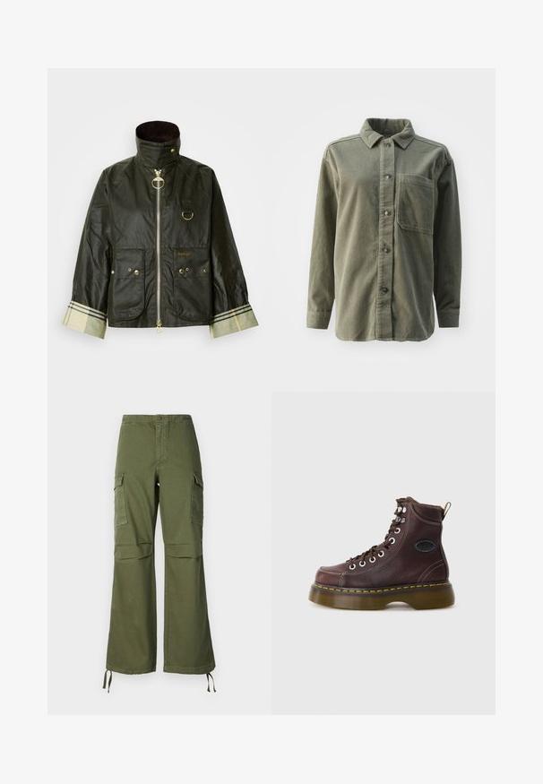 Dunkelgrüne gewachste Jacke mit hohem Kragen, goldfarbenen Beschlägen, zwei Fronttaschen und kariertem Detail am Ärmelbündchen. Markennamen "Barbour" sichtbar.; Grüne Corduroy-Hemd, mit spitzem Kragen, langen Ärmeln, Brusttasche und Knopfverschluss mit dunklen Knöpfen. Überall mit gerippter Textur.; Olivegrüne Cargo-Hose aus Baumwolle mit weitem Bein, zwei Seitentaschen und verstellbaren Bändern am Saum.; Braune Leder-Ankle-Boots mit strukturierten Oberflächen, silbernen Ösen und gelben Nähten. Verfügt über eine robuste, transparente Sohle und eine Zuglasche.