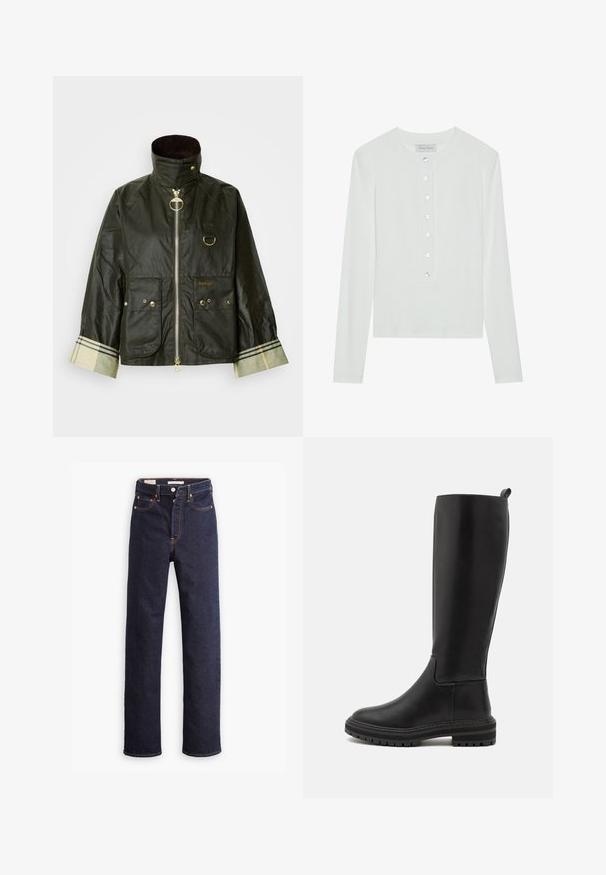 Veste cirée vert foncé avec un col montant, des accessoires dorés, deux poches avant et un détail à carreaux sur le poignet. Nom de la marque « Barbour » affiché.; Haut à manches longues blanc en tissu côtelé, avec un col rond et un devant boutonné comportant six boutons transparents.; Jean en denim droit bleu foncé avec cinq poches et coutures orange visibles sur un fond blanc.; Bottes noires en cuir montantes, à finition lisse, avec un bout arrondi, une semelle en caoutchouc basse et des détails de couture minimalistes.