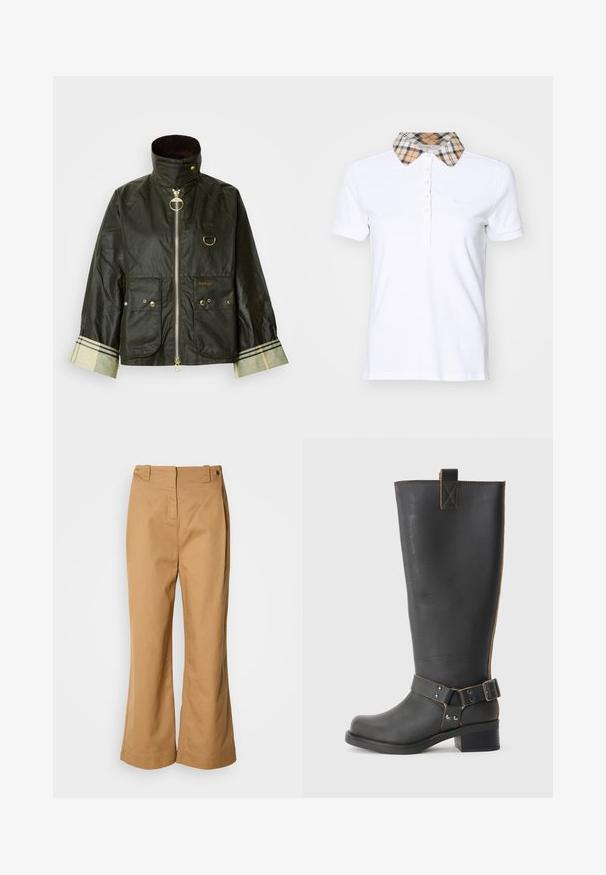 Donkergroene gewaxte jas met een hoge kraag, gouden details, twee voorzakken en een geruit detail op de manchetten. Merkennaam "Barbour" zichtbaar.; Barbour MALVERN - Poloshirt - white/hessian; Wijd uitlopende broek van beige katoenen stof, met een hoge taille, twee gouden knopen en een gladde textuur. Geen zichtbare patronen of accenten.; Zwarte leren knie- hoog laars met een gestructureerde afwerking, voorzien van een zijgesp accent en een lage hak. Gedetailleerde stiksels langs de naden.