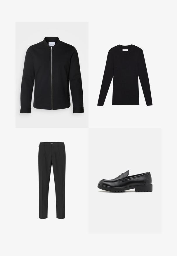 Schwarze Bomberjacke aus Baumwollmischung mit Stehkragen, frontaler Reißverschluss und eingefassten Ärmeln. Glatte Textur und minimalistisches Design.; Pier One by Zalando MUSCLE FIT KNITJUMPER - Strickpullover - black; Schwarze, maßgeschneiderte Hose mit einem eleganten Design, das Falten vorne, gerade Beine und eine glatte Textur aufweist. Minimale Metallteile und keine sichtbaren Muster.; Schwarze Lederloafers mit runder Zehenform, eleganter Schlupfdesign und dicker Gummisohle mit strukturiertem Griff. Erhöhter Absatz und dezente Nähdetails.