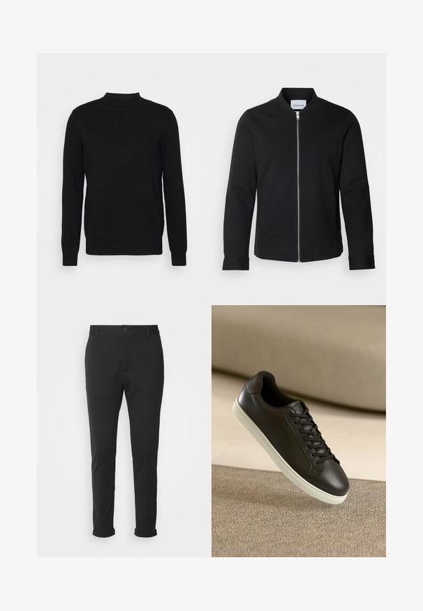 Zwarte bomberjack gemaakt van een katoenmix, met een staande kraag, een rits aan de voorkant en manchetten. Glad textuur en minimalistisch ontwerp.; Zwarte pullover trui van zachte stof met een hoge hals en lange mouwen. Eenvoudig ontwerp, zonder patronen of versieringen.; Zwarte broek van een zachte stof met een recht model. Voorzien van een enkele knoopsluiting en opgerolde mouwen.; Zwarte leren sneakers met een witte rubberen zool en zwarte veters, gepositioneerd tegen een beige stoffen oppervlak en achtergrond.