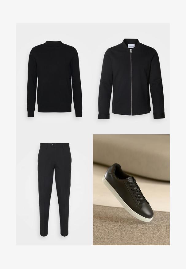 Veste bomber noire en mélange de coton, dotée d'un col montant, d'une fermeture à zip sur le devant et de manches à poignet. Texture lisse et design minimaliste.; Pull en noir en tissu doux, avec un col haut et des manches longues. Design simple, sans motifs ni embellissements.; Pantalons noirs au design ajusté, coupe slim et fermeture à boutons. Texture lisse avec une finition nette et sans motifs ni accents visibles.; Baskets en cuir noir avec une semelle en caoutchouc blanc et des lacets noirs, posées sur une surface et un fond en tissu beige.