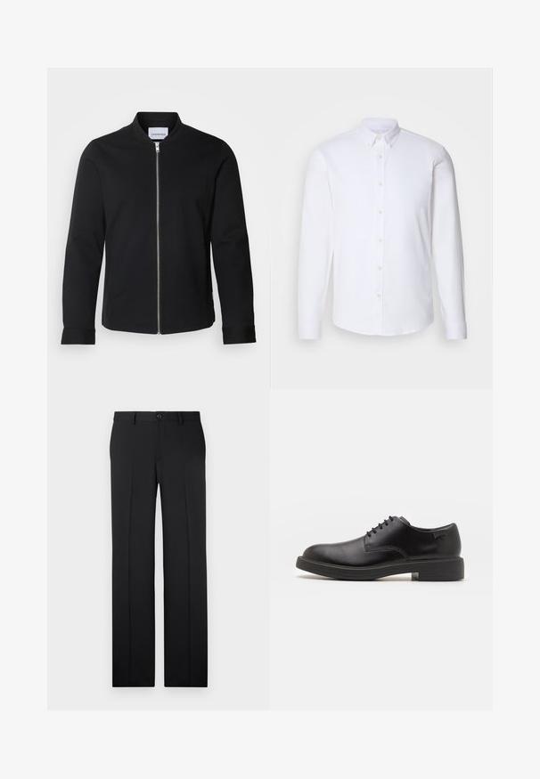 Veste bomber noire en mélange de coton, dotée d'un col montant, d'une fermeture à zip sur le devant et de manches à poignet. Texture lisse et design minimaliste.; Chemise blanche à manches longues avec boutons, fabriquée dans un tissu lisse, dotée d'un col classique, de huit boutons sur le devant et de poignets standards.; Pantalons noirs ajustés avec une coupe droite, en tissu lisse, avec des plis avant et une fermeture à bouton unique à la taille.; Chaussure noire en cuir à lacets avec un embout arrondi, texture lisse, piqures minimales et un petit talon en caoutchouc. Logo sur le talon.
