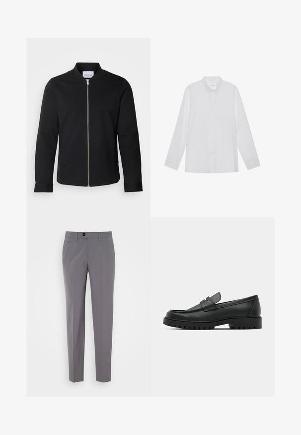 Zwarte bomberjack gemaakt van een katoenmix, met een staande kraag, een rits aan de voorkant en manchetten. Glad textuur en minimalistisch ontwerp.; Witte blouse met lange mouwen van soepel stof, met een puntige kraag, voorkant met knoopsluiting en manchetten met één knoop.; Grijze op maat gemaakte broeken met een gladde textuur, rechte pijpen, sluiting met één knop en voorzakken. Geen zichtbare patronen of accenten.; Zwarte leren instappers met een ronde neus, voorzien van een gestikt ontwerp, een lage platformzool en een gestructureerde, grof rubberen buitenzool.