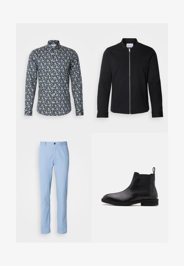 Zwarte bomberjack gemaakt van een katoenmix, met een staande kraag, een rits aan de voorkant en manchetten. Glad textuur en minimalistisch ontwerp.; Langsleeve button-up shirt in marineblauw met een bloemenpatroon in groen en wit. Beschikt over een klassieke kraag en een gladde stofstructuur.; Lichtblauwe katoenen chinos met een straight leg ontwerp, voorzien van een enkele knoopsluiting en subtiele voorplooien.; Zwarte leren Chelsea-boot met elastische zijpanelen, ronde neus en een lage blokhak. Voorzien van een treklipje aan de achterkant voor gemakkelijk aan- en uittrekken.