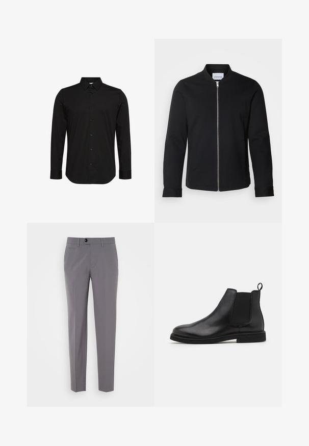 Chaqueta bomber negra hecha de una mezcla de algodón, con cuello alzado, cierre delantero con cremallera y mangas con puños. Textura suave y diseño minimalista.; Camisa negra de manga larga hecha de tela suave, con un cuello puntiagudo, cierre frontal con botones y un pequeño logo en el pecho.; Pantalones grises a medida con una textura suave, diseño de pierna recta, cierre de un solo botón y bolsillos frontales. Sin patrones ni acentos visibles.; Botas Chelsea de cuero negro con paneles laterales elásticos y una lengüeta. Punta redonda y suela de goma plana, con un acabado suave.