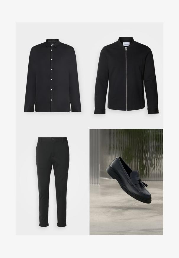 Veste bomber noire en mélange de coton, dotée d'un col montant, d'une fermeture à zip sur le devant et de manches à poignet. Texture lisse et design minimaliste.; Chemise noire à manches longues boutonnée avec des boutons blancs et un petit logo brodé sur la poitrine gauche, présentée sur un fond blanc.; Pantalons noirs en tissu lisse avec une coupe droite. Présentent une fermeture à bouton unique et des ourlets roulés.; Mocassins en cuir noir avec une texture lisse, un bout arrondi et des pampilles décoratives à l'avant. Semelle en caoutchouc flexible avec un petit talon.