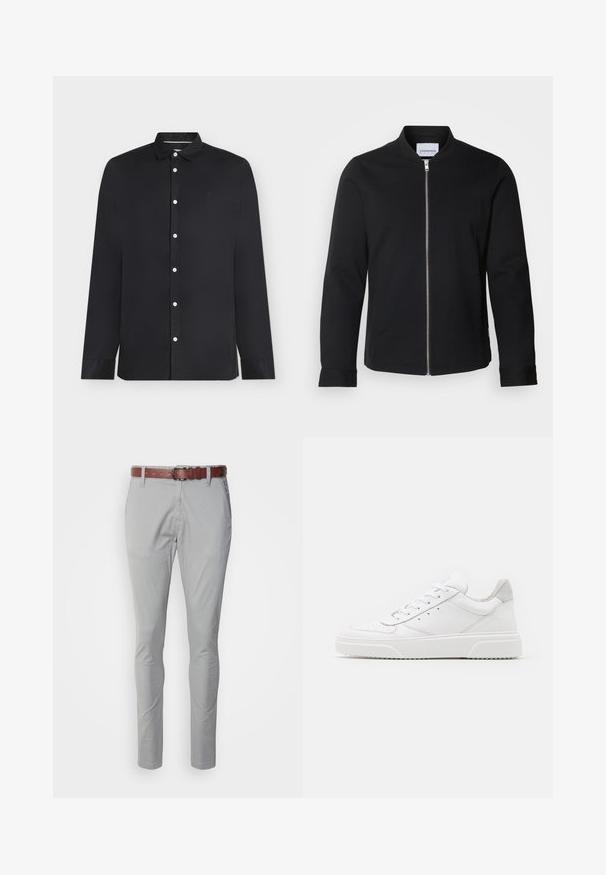 Veste bomber noire en mélange de coton, dotée d'un col montant, d'une fermeture à zip sur le devant et de manches à poignet. Texture lisse et design minimaliste.; Chemise noire à manches longues boutonnée avec des boutons blancs et un petit logo brodé sur la poitrine gauche, présentée sur un fond blanc.; Pantalons gris en mélange de coton avec une coupe slim, dotés d'une ceinture en cuir marron et de poches latérales. Texture lisse et design minimaliste.; Des baskets en cuir blanc avec une finition lisse, un bout rond, des lacets plats et une semelle texturée. Accents en daim gris au niveau du talon.