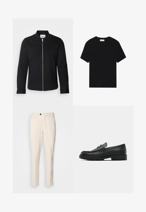 Chaqueta bomber negra hecha de una mezcla de algodón, con cuello alzado, cierre delantero con cremallera y mangas con puños. Textura suave y diseño minimalista.; Camiseta negra de manga corta hecha de tela de canalé, con un escote redondo y una silueta sencilla y cuadrada.; Pantalones tailored beige con frente plano, cierre de un botón y dos bolsillos laterales en ángulo. Tejido suave con corte slim y pierna entallada.; Mocasines de cuero negro con punta redonda, que cuentan con un diseño cosido, suela de plataforma baja y una suela de goma texturada y con tacos.