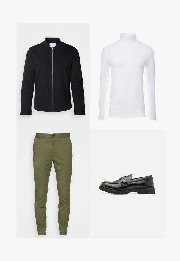 Zwarte bomberjack gemaakt van een katoenmix, met een staande kraag, een rits aan de voorkant en manchetten. Glad textuur en minimalistisch ontwerp.; Witte lange mouw turtleneck-shirt gemaakt van zachte, rekbare stof. Heeft een hoge kraag en een aangesloten ontwerp, wat zorgt voor een gestroomlijnde uitstraling.; Olijfgroene chino's met een slim-fit ontwerp, voorzien van een voorste knoopsluiting, ceintuurlussen en een gladde, middelzware stoftextuur.; Zwarte leren instapper met een brede band over de voet, rubberen zool met dikke noppen en een gladde textuur. Klassiek, strak ontwerp.