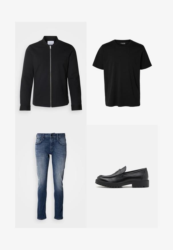 Schwarze Bomberjacke aus Baumwollmischung mit Stehkragen, frontaler Reißverschluss und eingefassten Ärmeln. Glatte Textur und minimalistisches Design.; Schlichtes schwarzes T-Shirt mit kurzen Ärmeln und Rundhalsausschnitt in Herrenform, ohne sichtbare Muster oder Logos auf der Vorderseite.; Antony Morato KURT COMFORT - Jeans Tapered Fit - blue denim; Schwarze Lederloafers mit runder Zehenform, eleganter Schlupfdesign und dicker Gummisohle mit strukturiertem Griff. Erhöhter Absatz und dezente Nähdetails.