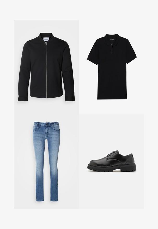 Schwarze Bomberjacke aus Baumwollmischung mit Stehkragen, frontaler Reißverschluss und eingefassten Ärmeln. Glatte Textur und minimalistisches Design.; Schwarzes Poloshirt aus glattem Stoff, mit einem Reißverschluss, kurzen Ärmeln und einem klassischen Kragen. Das Etikett trägt die Aufschrift "PIER ONE".; Helle blaue Denim-Jeans mit einem klassischen Fünf-Taschen-Design, geradem Bein und subtilen Ausbleichungen. Hergestellt aus weichem, strapazierfähigem Stoff.; Schwarze Lederschuhe mit runder Zehenform, Schnürdesign und einer dicken, strukturierten Gummisohle. Sie verfügen über eine Naht entlang des Randes und haben eine glatte Oberfläche.
