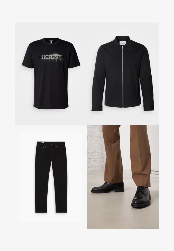 Sort bomberjakke lavet af en bomuldsblanding, med stående krave, lynlås foran og manchetter ved ærmerne. Glat tekstur og minimalistisk design.; Sort bomulds t-shirt med en sprayet tekstgrafik "ANTONY MORATO" i grå med dryppende detaljer, korte ærmer og rund hals.; Sorte lige ben jeans med for- og baglommer, bæltestropper samt knappeslås og lynlås, lagt fladt på en hvid baggrund.; Sorte læder sko med glat overflade og rund tå, der har snørebåndslukning og en lav, flad sål. Sammen med brune bukser.