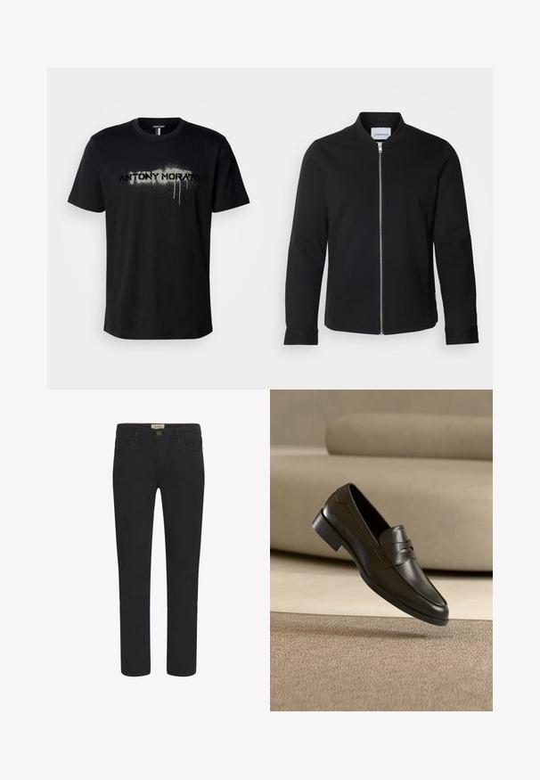 Chaqueta bomber negra hecha de una mezcla de algodón, con cuello alzado, cierre delantero con cremallera y mangas con puños. Textura suave y diseño minimalista.; Camiseta de algodón negra con un gráfico de texto en spray "ANTONY MORATO" en gris con detalles de goteo, mangas cortas y cuello redondo.; Vaqueros de mezclilla negra con corte recto, diseño de cinco bolsillos y cierre frontal de botón. Textura suave con sutiles detalles de costura.; Zapato mocasín de cuero negro flotando sobre una alfombra beige con un sofá beige en el fondo, mostrando el diseño clásico para hombres sin cordones.